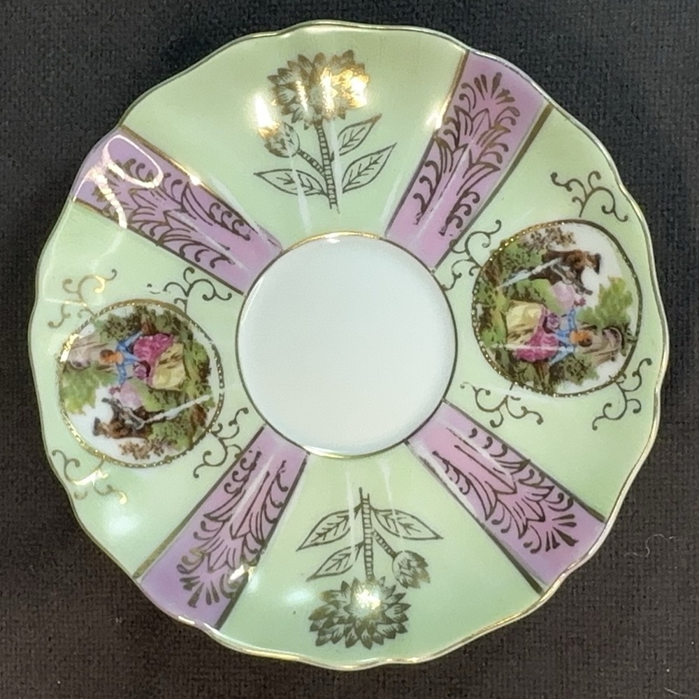 Vtg Fragonard Courting Couple Tea Cup Saucer Lime Green Pink AS-IS Shabby Chic - Picture 4 of 16
